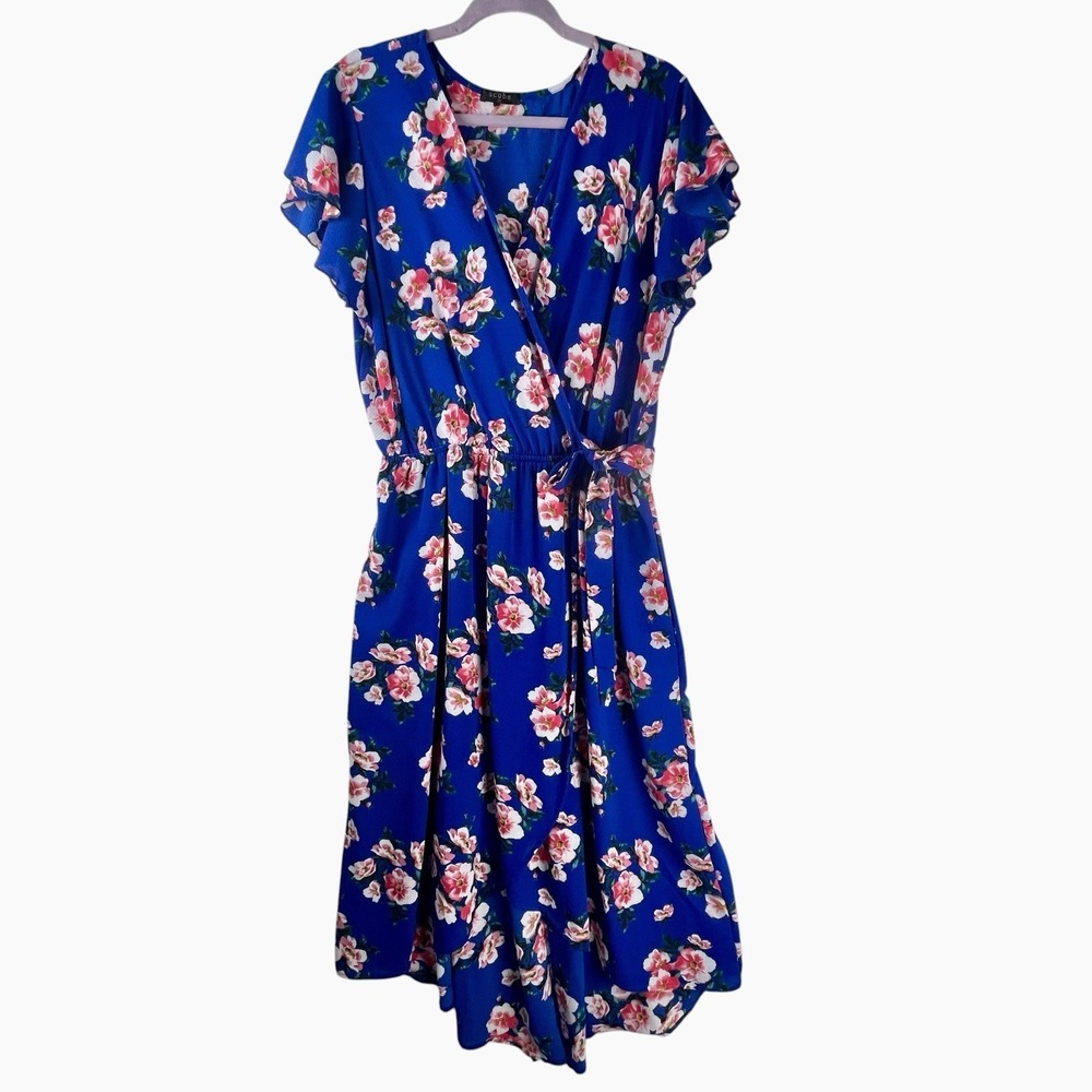 Scobe Floral Dress Women's Plus Size 2X Cap Sleeve Blue Pink High Low Faux Wrap